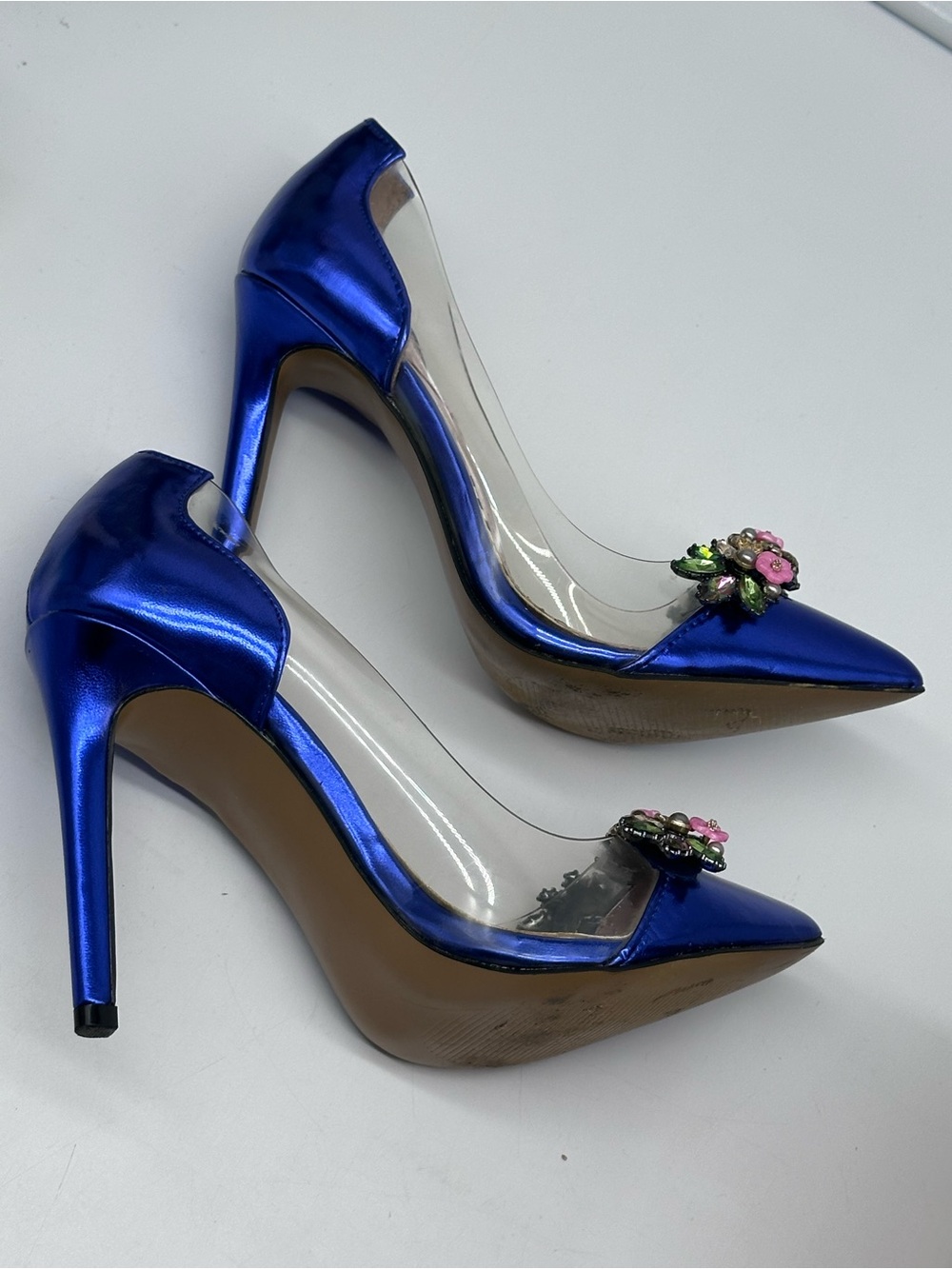 Betsey Johnson Metallic Royal Blue Pointed Toe Pumps with Floral Jewels - Picture 3 of 13